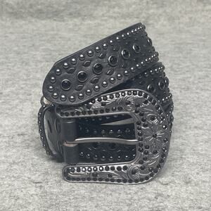 Nocona Womens Medium Black Leather Western Belt Rhinestone Floral Silver Buckle